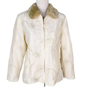 Coldwater Creek Quilted Embroidered Jacket Cream Small Faux Fur Collar